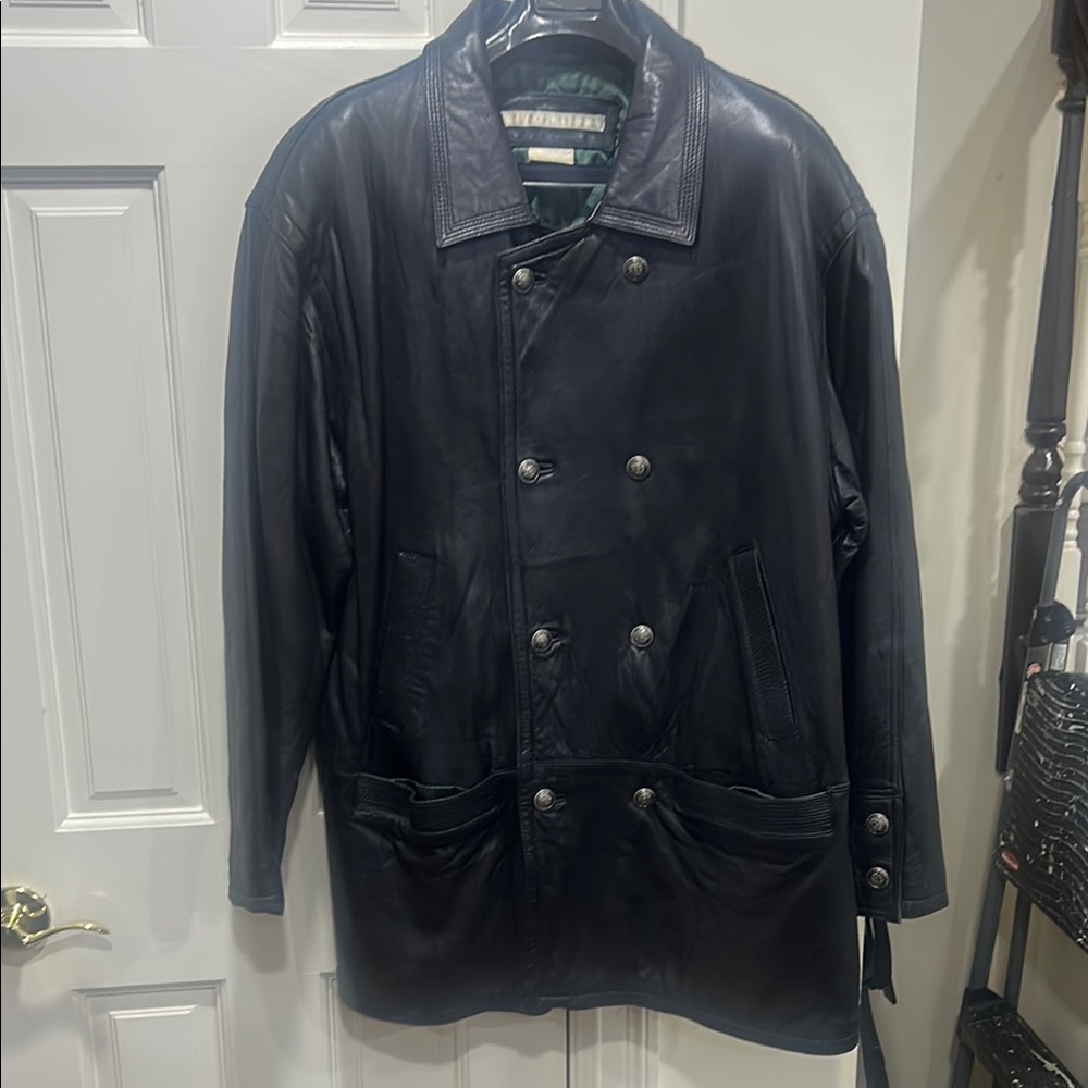 Perry Ellis Black Leather Double- Breasted Pea Coat